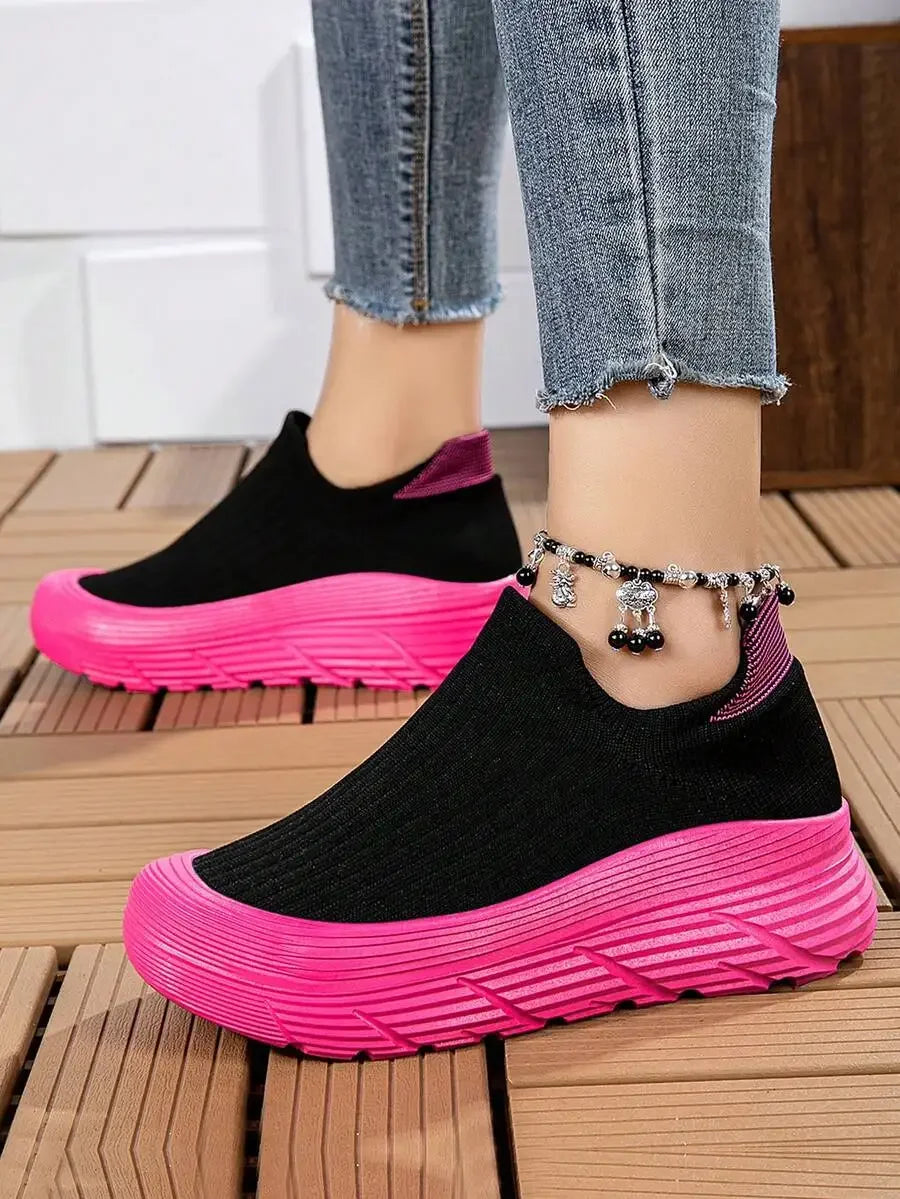 Women's Platform Sneakers Black With Pink Sole/Chunky Comfortable Slip-On Athletic Shoes