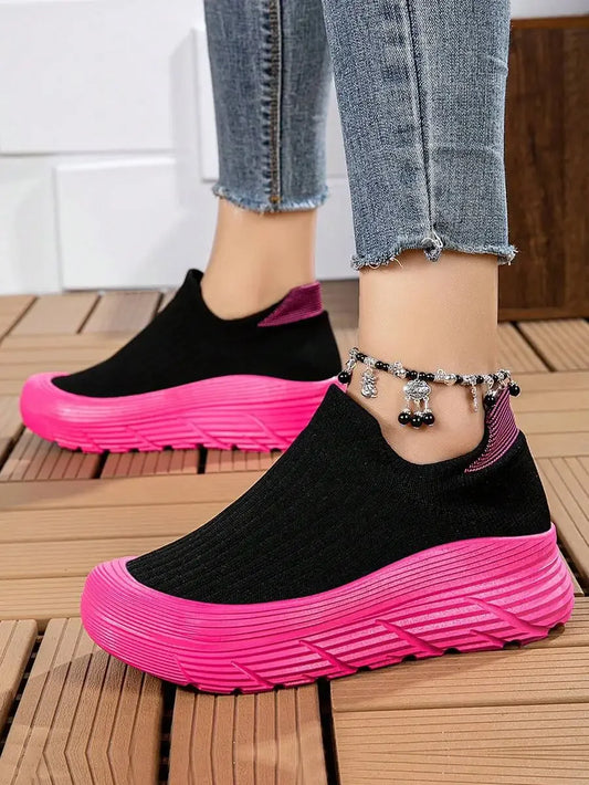 Women's Platform Sneakers Black With Pink Sole/Chunky Comfortable Slip-On Athletic Shoes