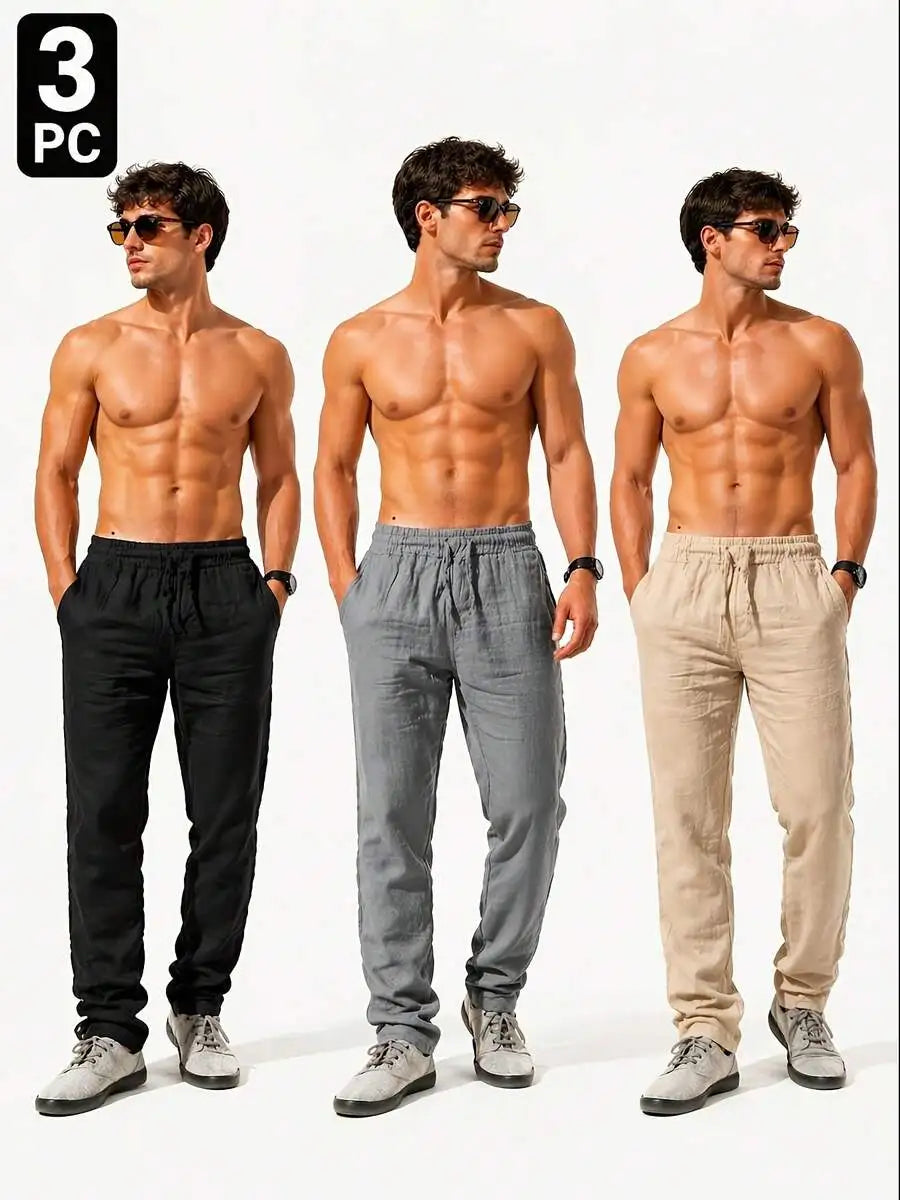 3pcs Men's Casual Summer Pants, Lightweight Breathable/Drawstring Trousers Loose Fit Solid Color Pants For Daily Wear