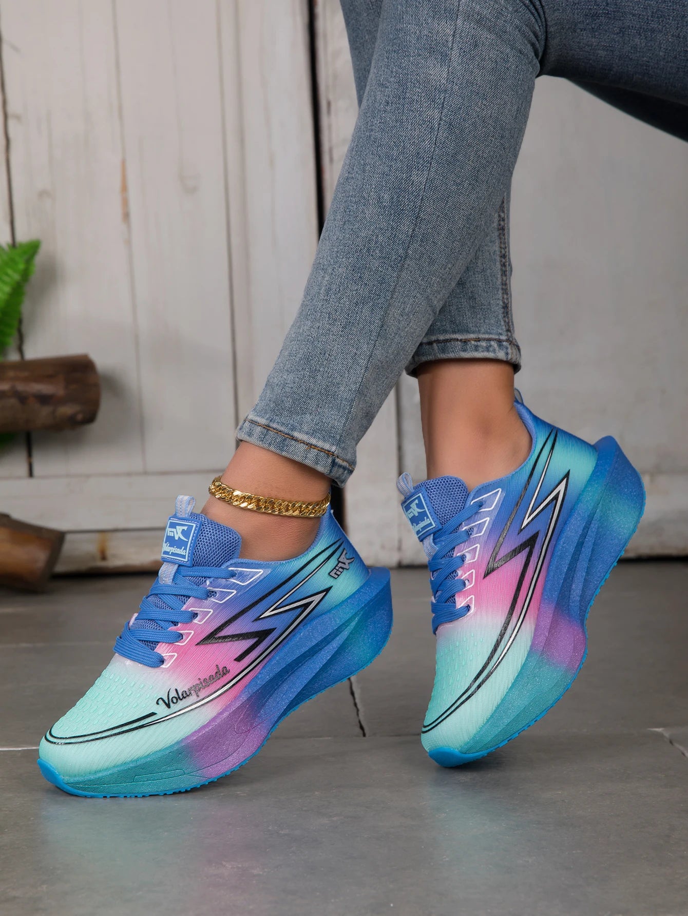 Women Gradient Lightning Print Running Sneakers Breathable/Flying Weave Mesh Light Cushion Non Slip Shock Absorb Athletic Shoes