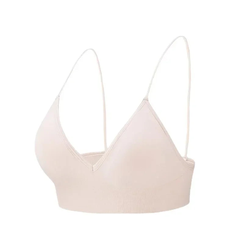 Women V Neck Seamless Triangle Cup Bra Camisole Breathable Gather Up/Chest Wrapped Underwear for Sports Fitness Yoga Casual