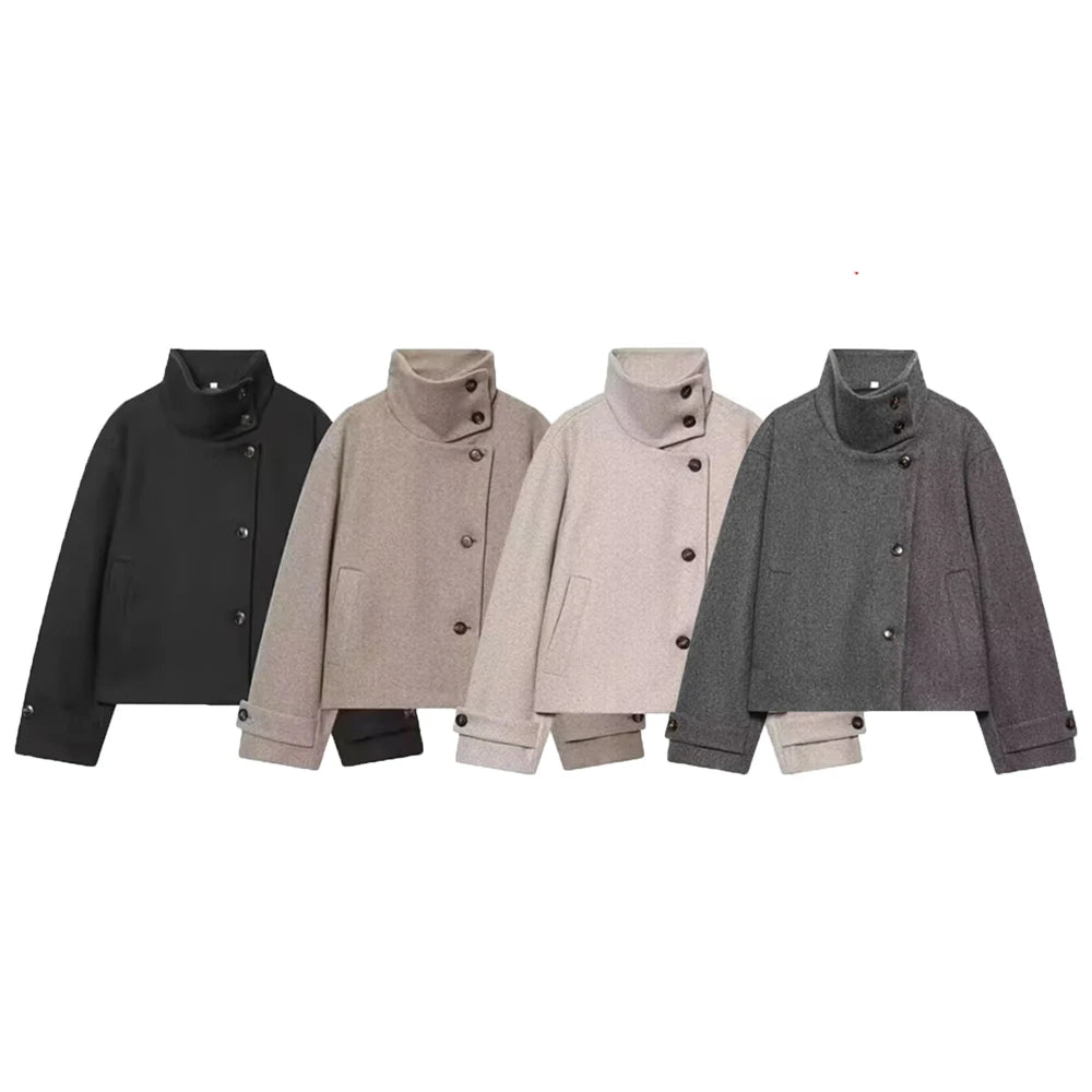 European and American Winter New Women's Loose and Casual Style/Simple Long Sleeve Buckle Stand up Collar Coat