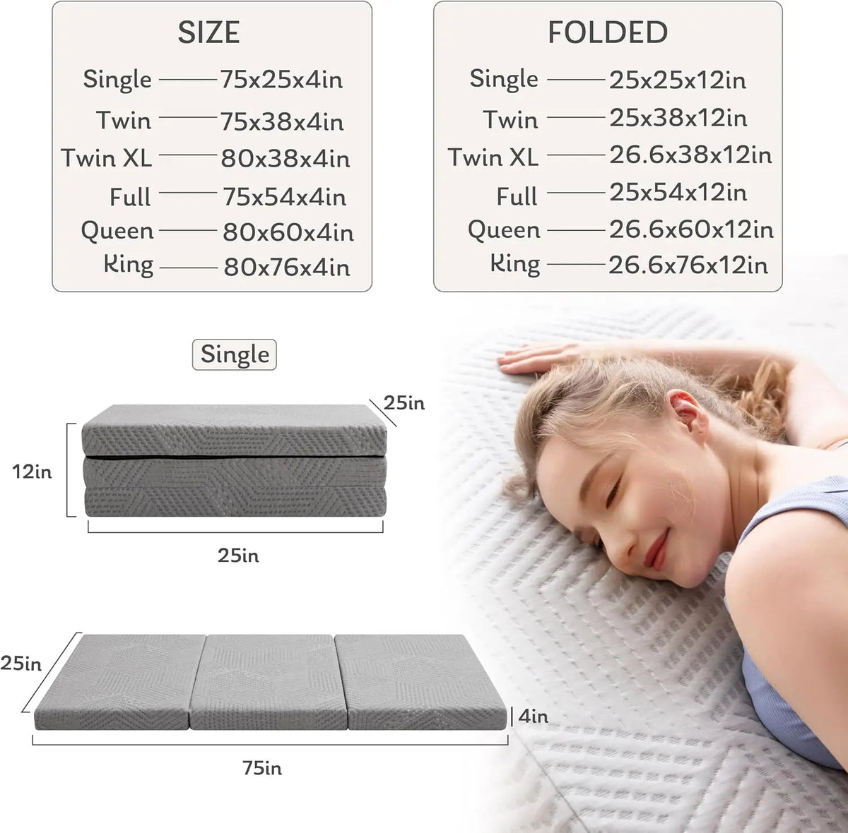 Single-Size Tri-Fold Mattress with 4-Inch/Foldable Gel Memory Foam Construction