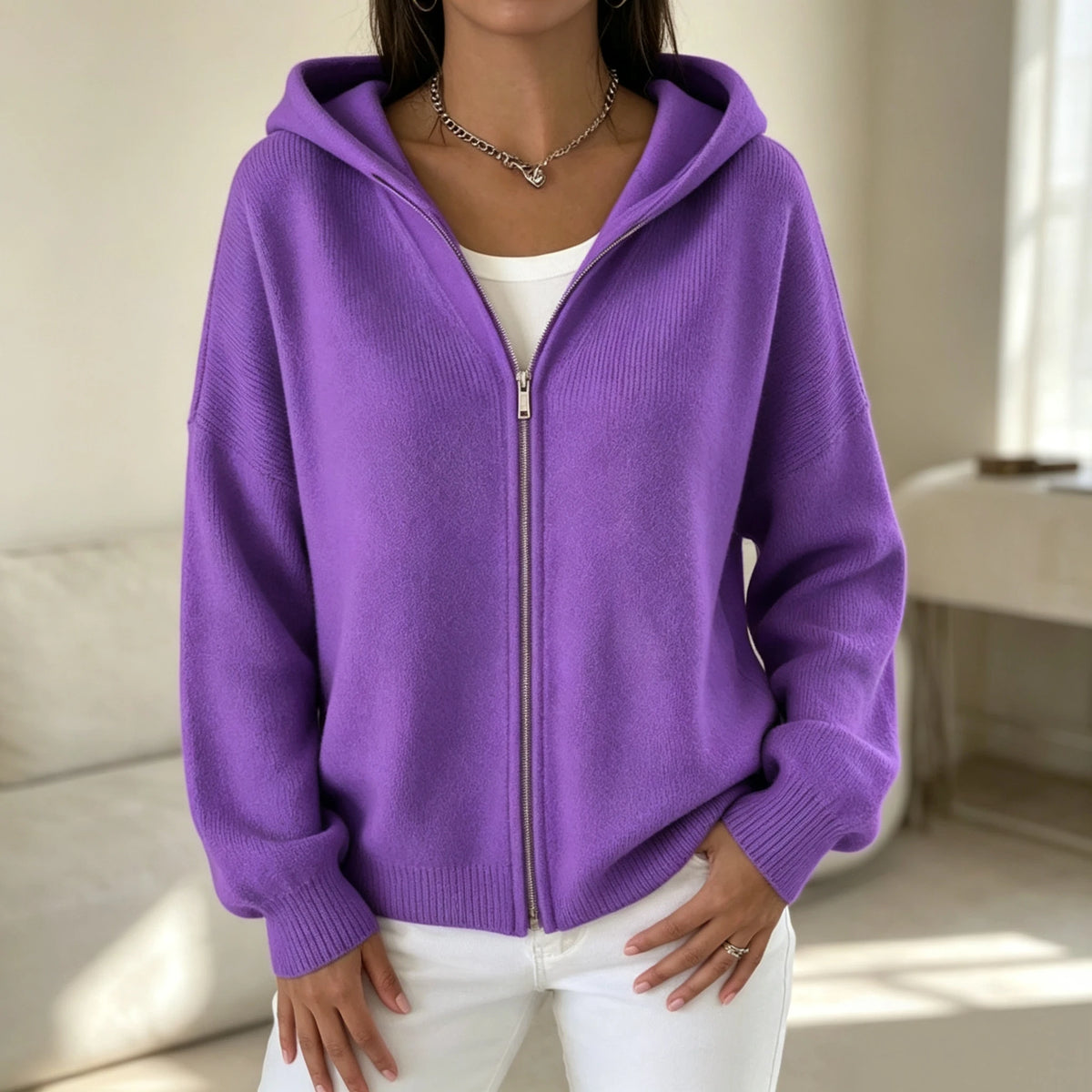 Women's Hooded Zip Up Knit Cardigan, Casual Long Sleeve Loose Sweater/Jacket With Pockets Fall Winter Solid Color Outwear