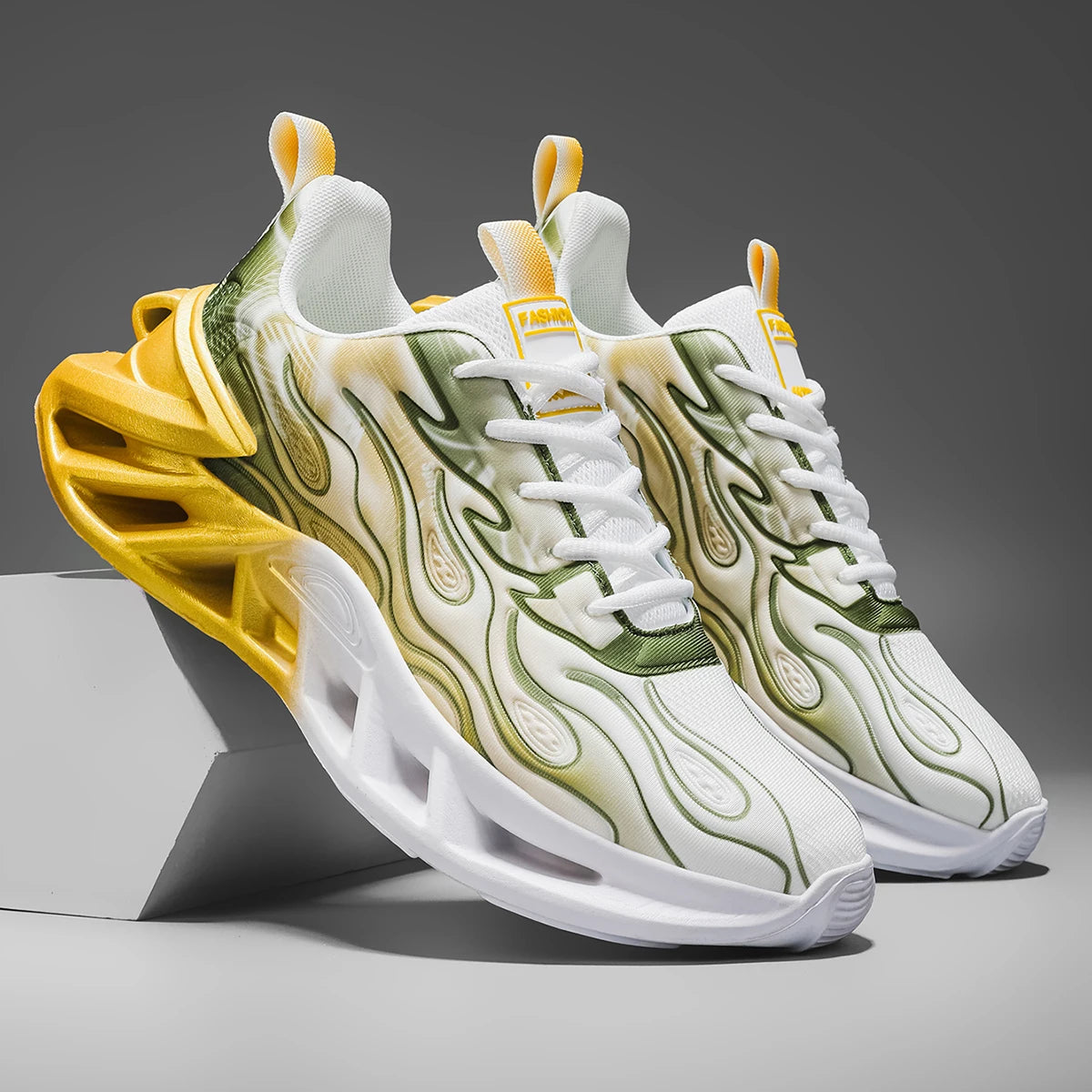 Women Flame Print Blade Chunky Sneakers Gradient Hollow Thick Sole/Breathable Mesh Lightweight Shock Absorb Lace Up Running Shoes