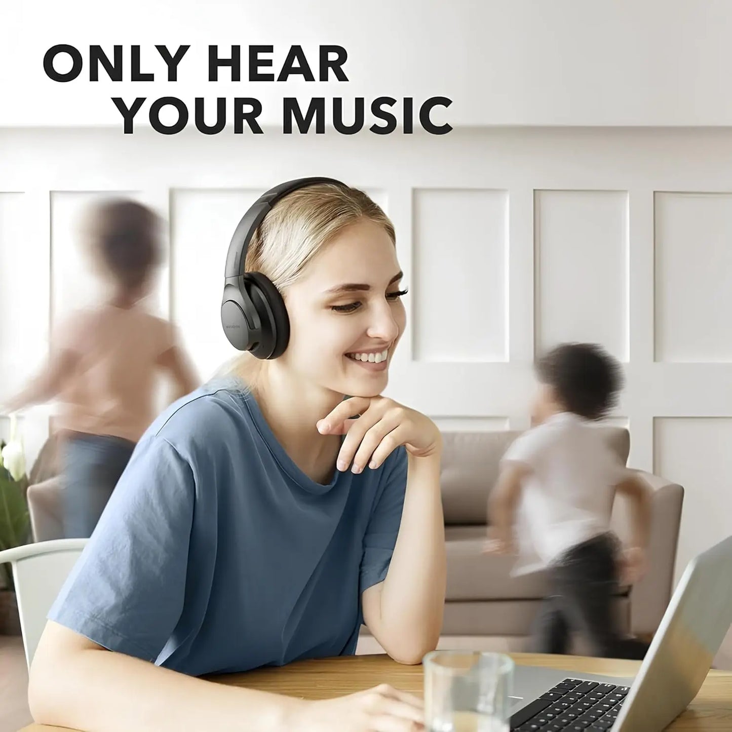 Hybrid Active Noise Cancelling Headphones 60H Playtime/Hi-Res Audio, Deep Bass Wireless Over Ear USB-C