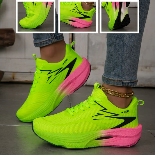 Women Color Block Platform Running Sneakers Breathable Flying Weave/Mesh Lightweight Cushioned Non Slip Lace Up Gym Jogging Shoes