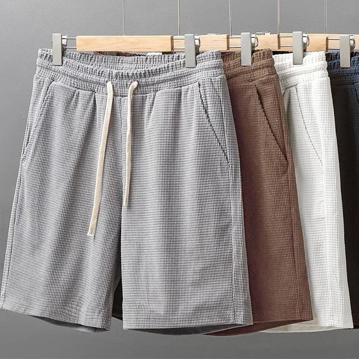 Men Shorts Solid Color Mid Waist Summer Motion Waffle Texture/Deep Crotch Drawstring Male Shorts Loose Knee Length Casual Short