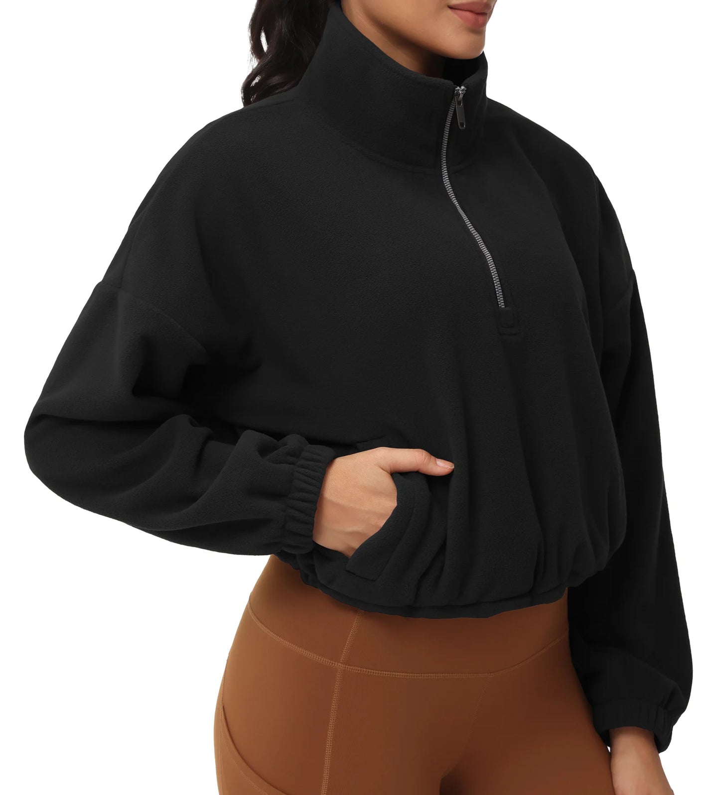 THE GYM PEOPLE Women’s Half Zip Crop Pullover Sweatshirt Fleece/Loose Fit Workout Tops with Pockets Drawstring