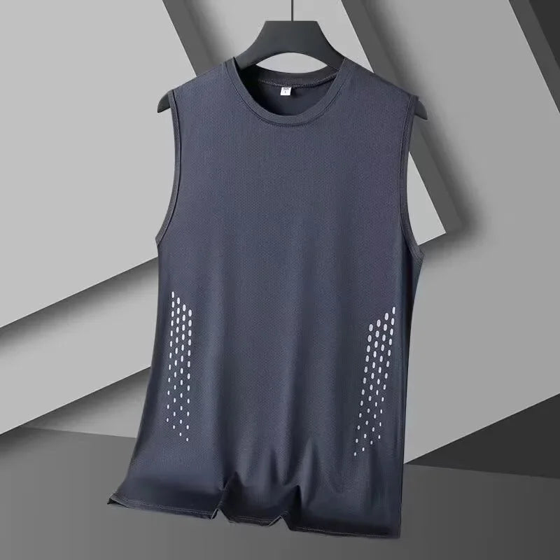 Men Summer Mesh Sleeveless Vest Ice Silk Printed Round Neck/Loose Running Fitness Tank Top Breathable Athletic