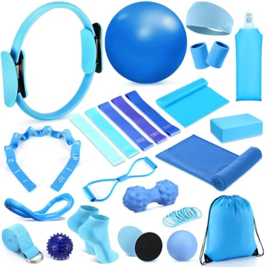 24 Pcs Home Pilates Essentials Kit for Women with Ring Ball Set/Stretching Strap Water Bottle Magic Circle Yoga Ring Gym Bag
