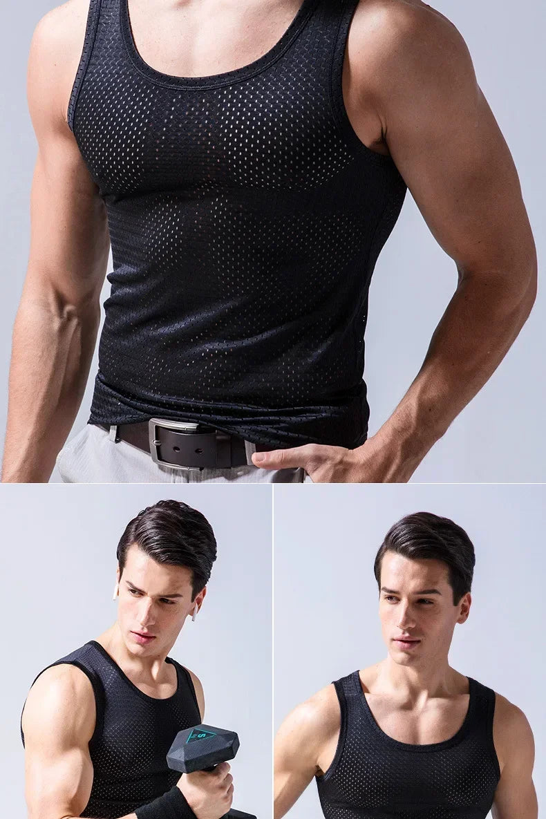 Men's Ice Silk Mesh Tank Tops Gym Stringer Transparent Bodybuilding/Sleeveless Shirt Fitness Vest Male mesh Muscle Shirt