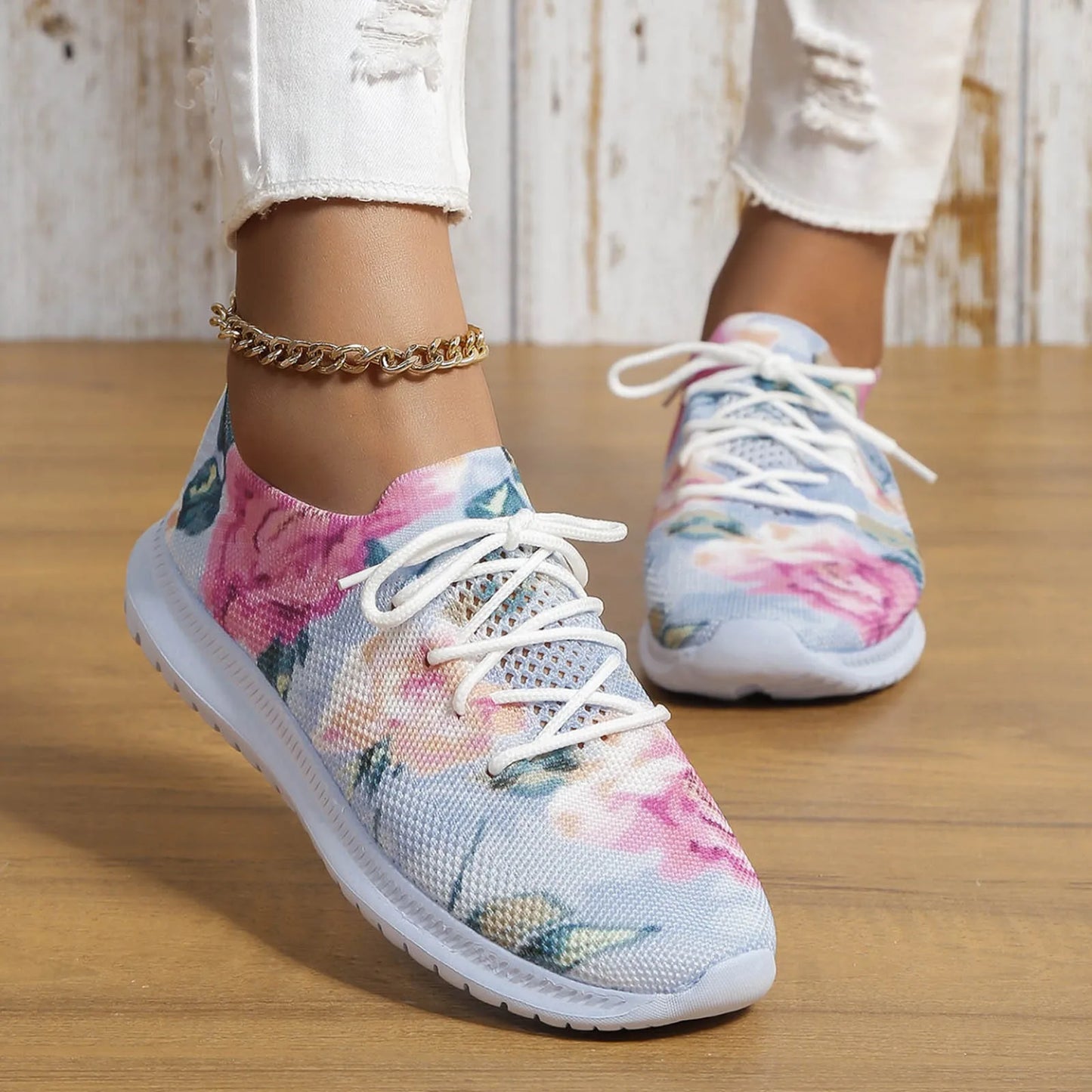 Women's Fashion Non Slip Sneakers Women Floral Print Slip On/Casual Shoes Breathable Large Size Walking Flat Sneaker