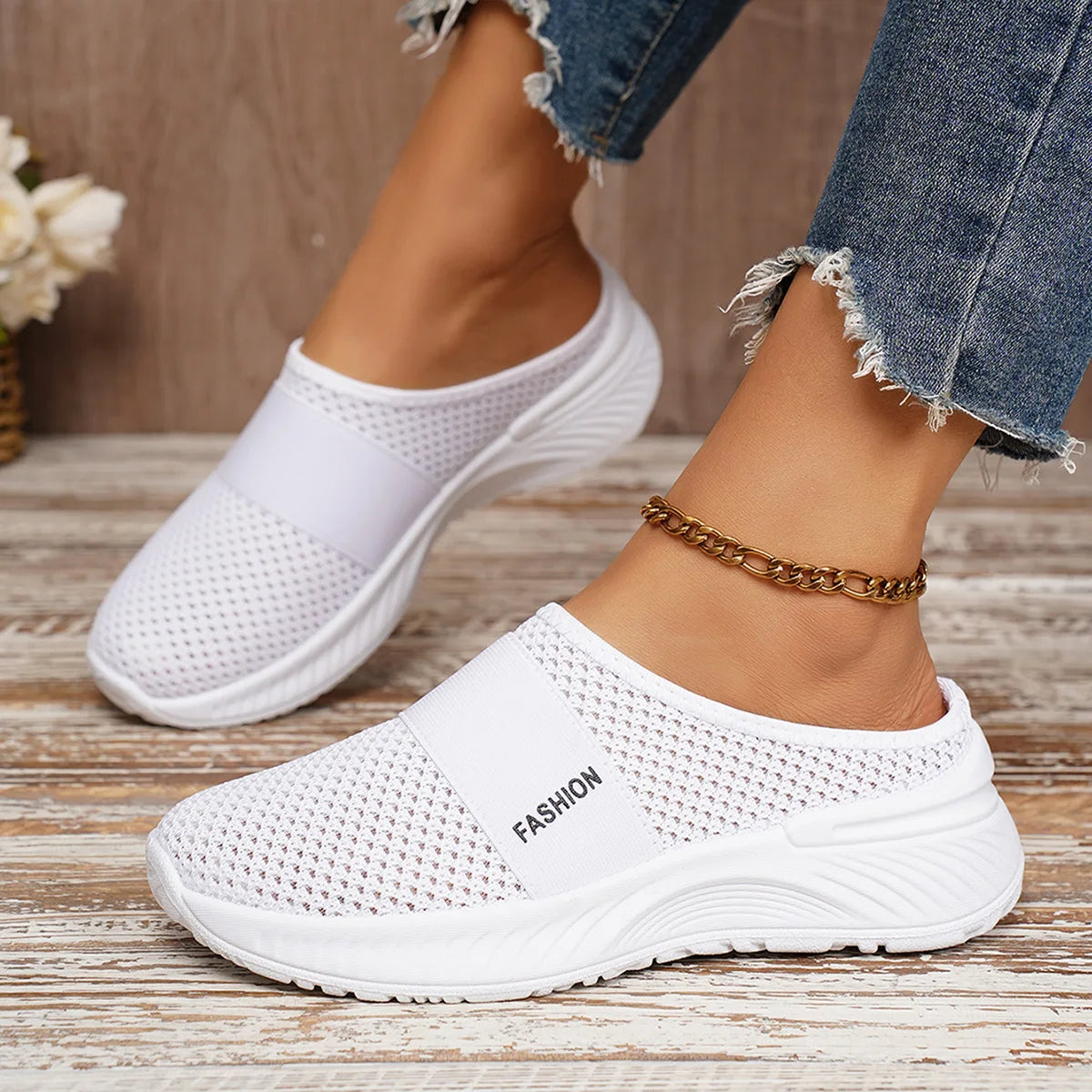Women's Closed Toe Slip On Sneakers, Breathable Knit Mesh/Comfort Shoes Air Cushion Platform Walking Shoes for Daily Use