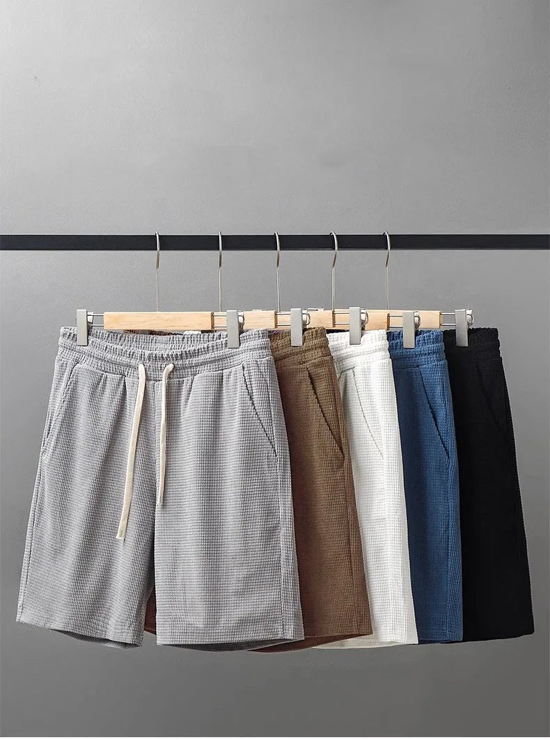 Men Shorts Solid Color Mid Waist Summer Motion Waffle Texture/Deep Crotch Drawstring Male Shorts Loose Knee Length Casual Short