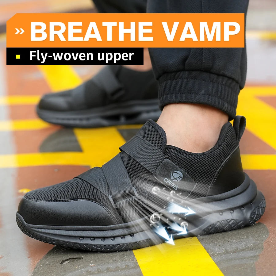 Velcro-Fastened Men's Breathable Casual/Work Safety Shoes with Impact and Puncture Resistance