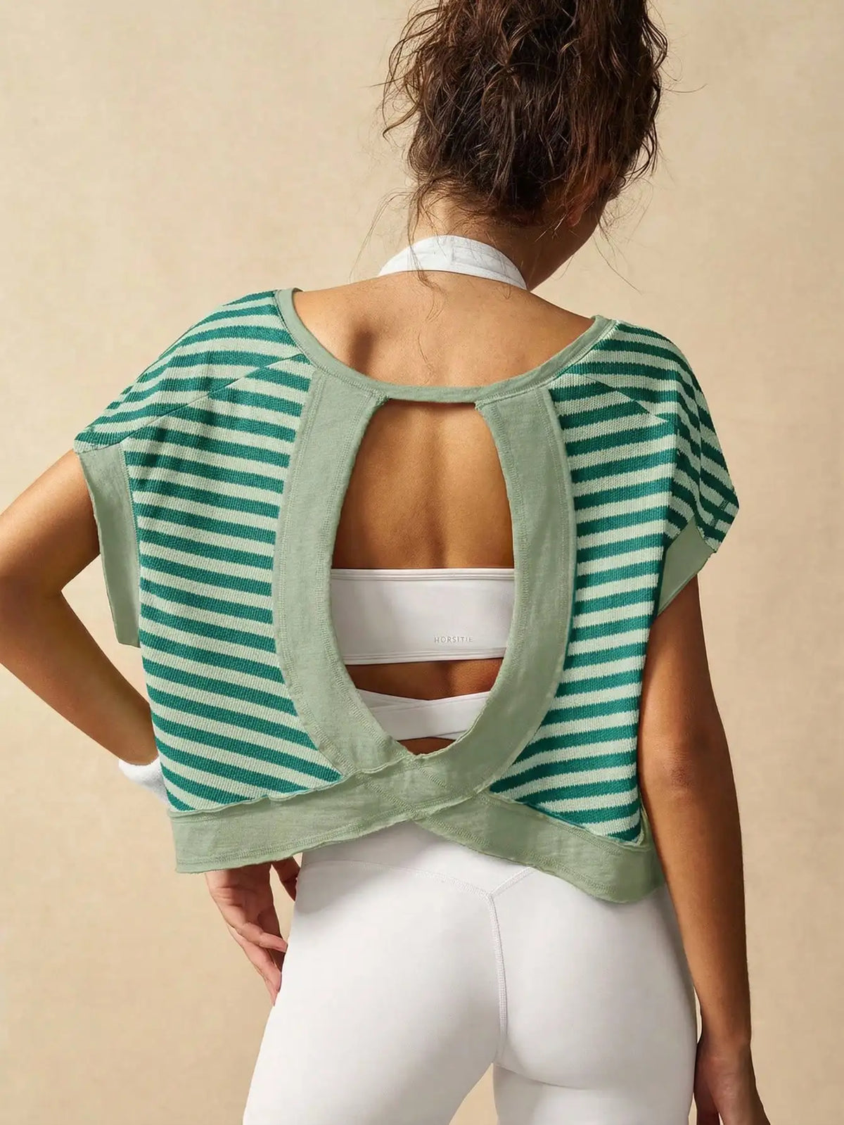 Women Striped Open Back Workout/Top Gym Crop Top Summer Active Wear Shirts