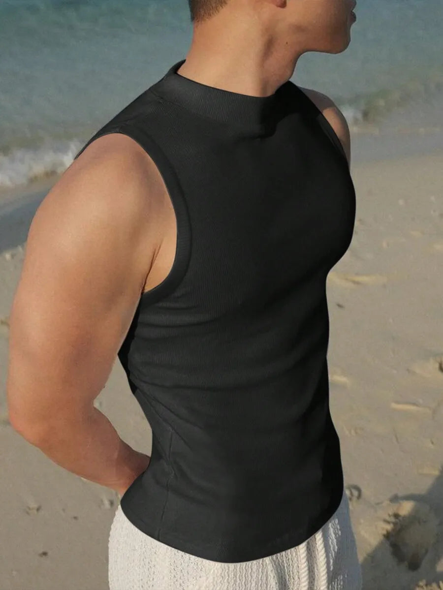 Manfinity Men's Solid Color Casual Modest/Stand Collar Black Tank Top, Summer Vacation
