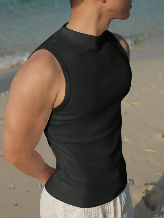 Manfinity Men's Solid Color Casual Modest/Stand Collar Black Tank Top, Summer Vacation
