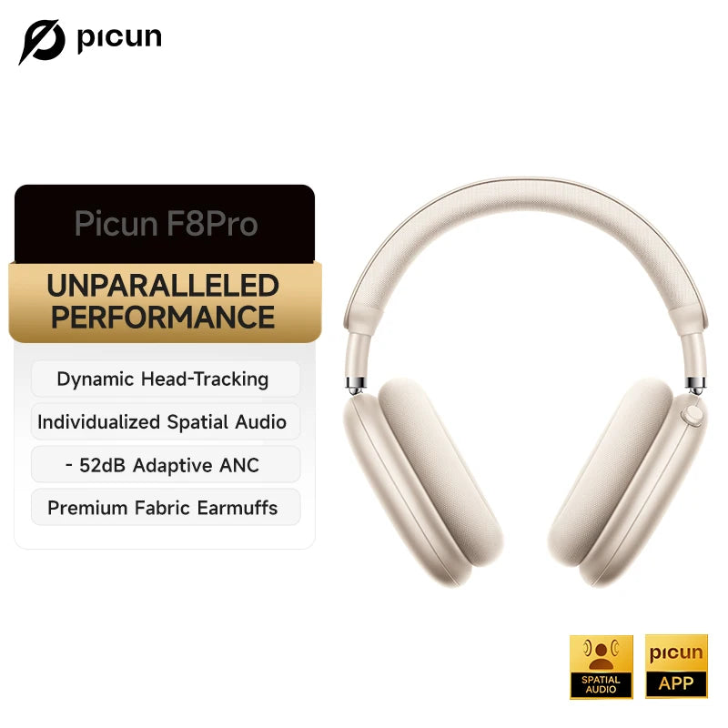 Picun F8 Pro ANC Wireless Headphones Head Tracking 3D Spatial Audio/52dB ANC HIFI Bluetooth Headset ENC HD Mic Low-Latency APP