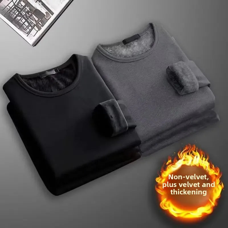 Men's Long Sleeve Thermal Underwear Fleece Lined Thick T-Shirt/round Neck Slim Fit Base Shirt Pure Color Inner Wear Autumn Top