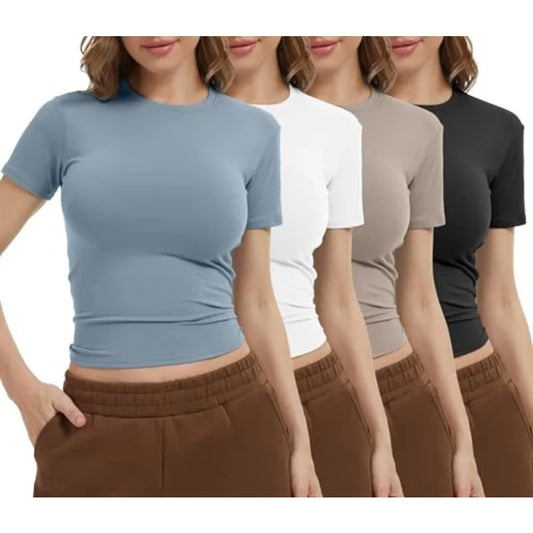 Dalavch 4 Pack Women's Workout Shirts Compression Short Sleeve/Crew Neck Running Yoga Gym Athletic Fitted Crop T-Shirts Top