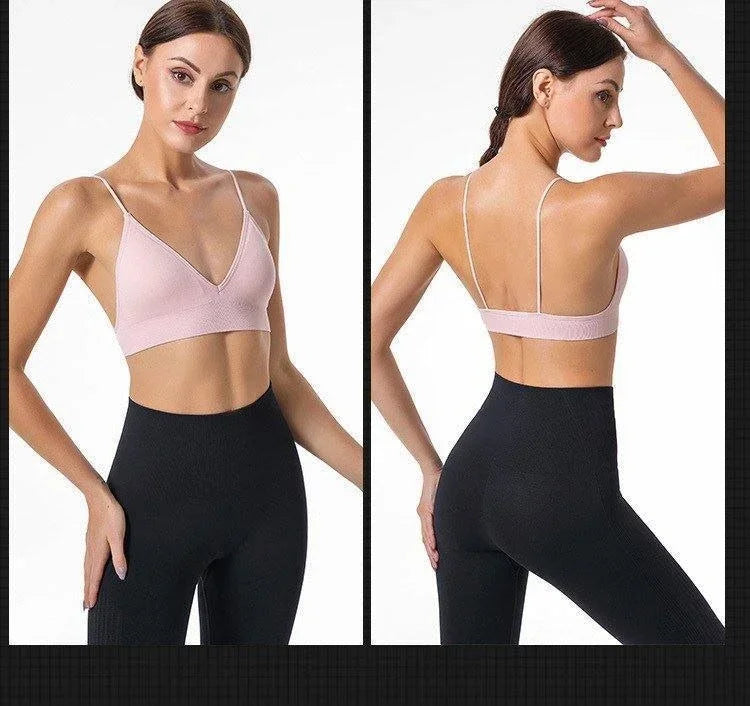 Women V Neck Seamless Triangle Cup Bra Camisole Breathable Gather Up/Chest Wrapped Underwear for Sports Fitness Yoga Casual
