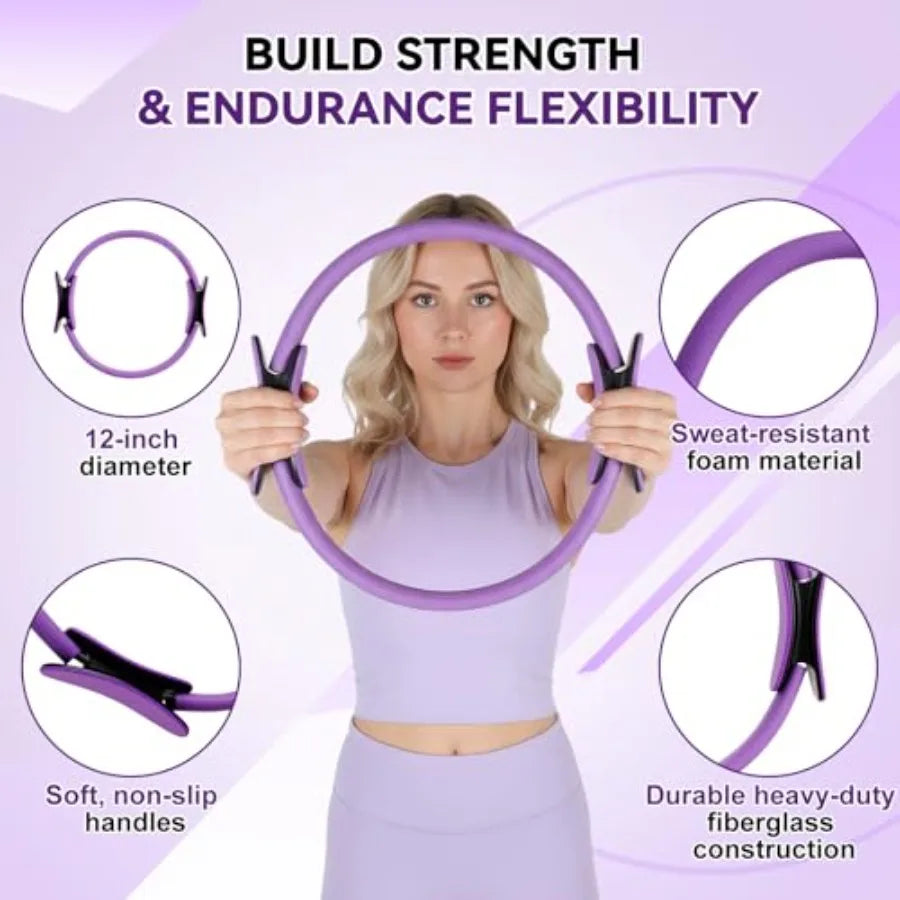Pilates Ring and Ball Set Home Fitness Equipment for Women/with Resistance Bands 12'' Magic Circle 9.8'' Ball for Stress