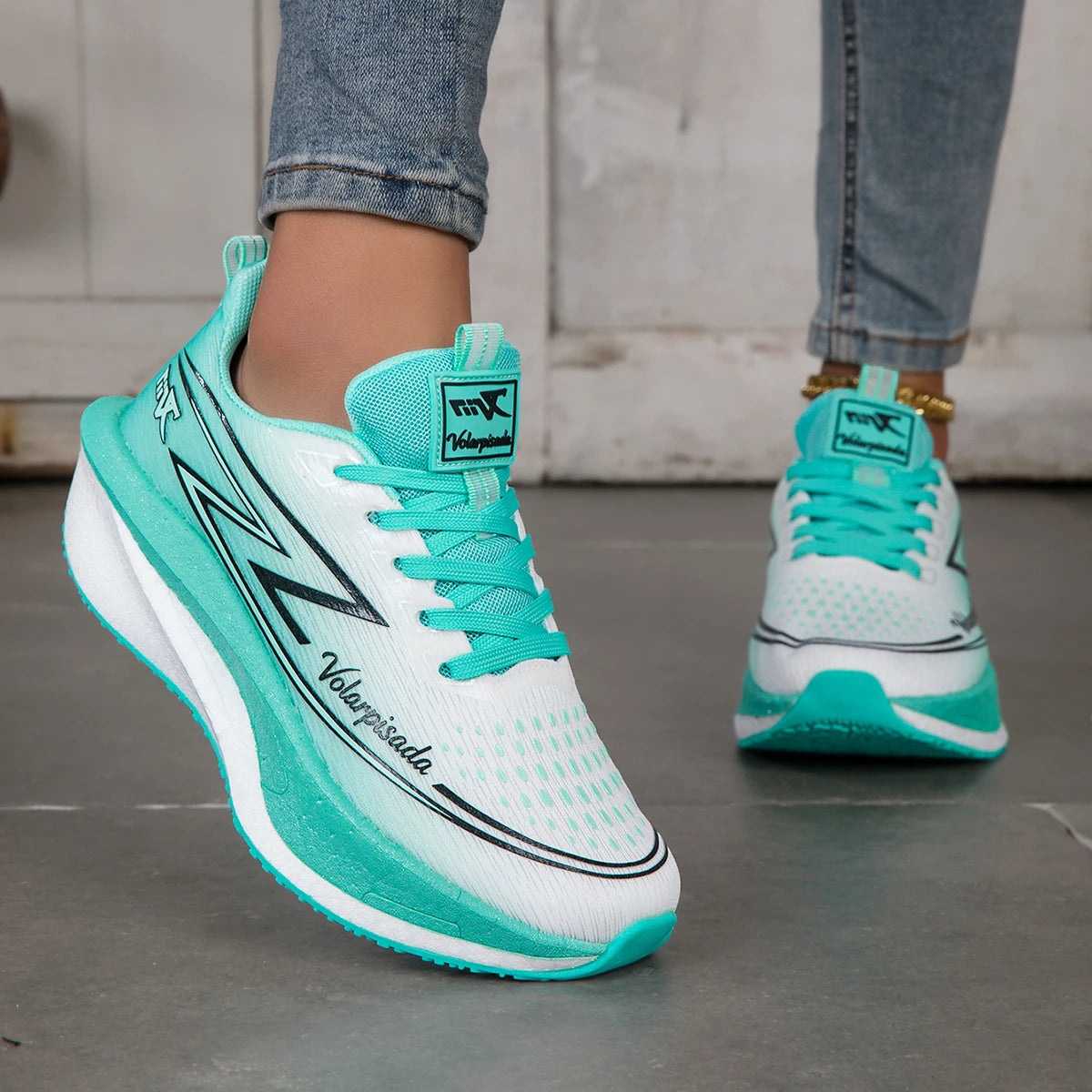Women Gradient Lightning Print Running Sneakers Breathable/Flying Weave Mesh Light Cushion Non Slip Shock Absorb Athletic Shoes
