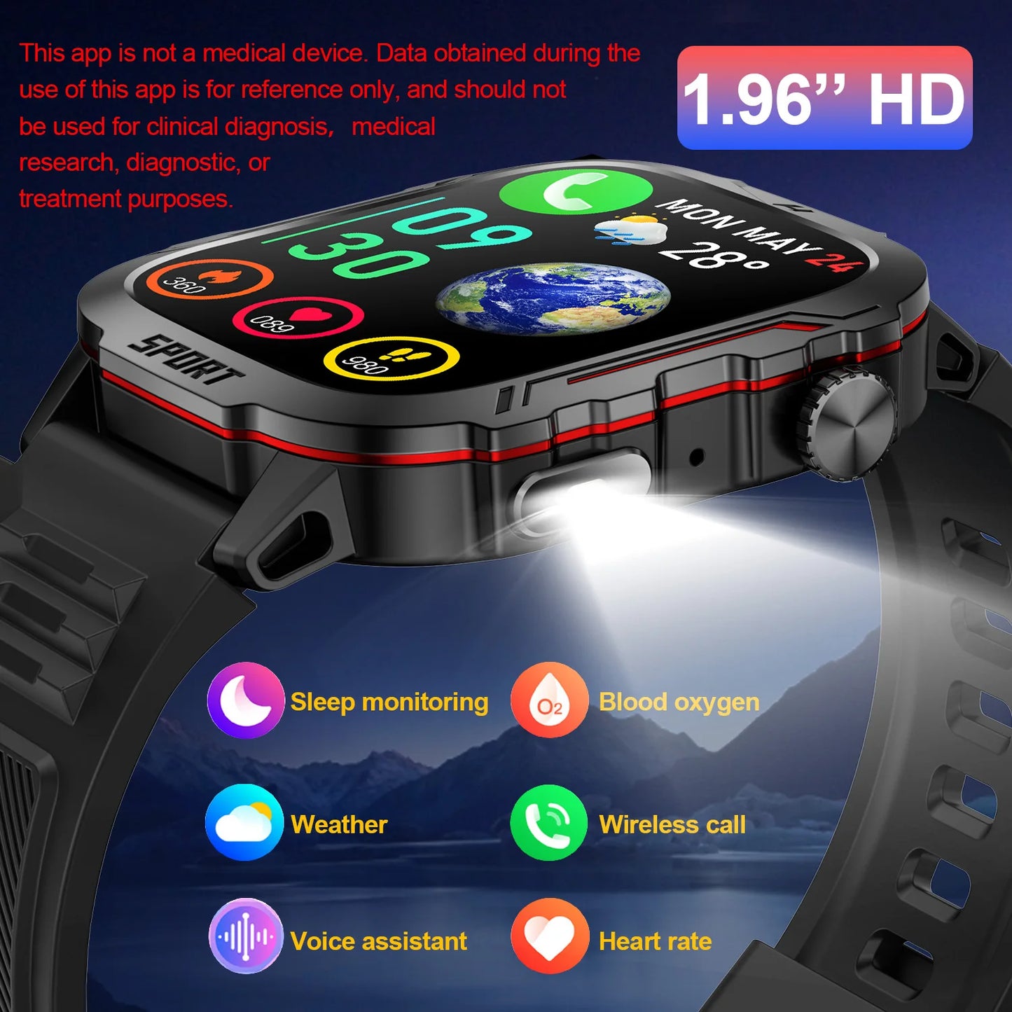 Strong Flashlight Smart Watch for Men/Women, 1.96'' Screen Fitness Tracker/with AI Voice Assistant/ Bluetooth Call/ 100+Sports