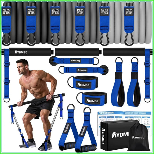 Heavy Duty Pilates Bar Kit with Resistance Bands Portable/Home Gym Equipment for Full Body Workout Arm Abs Waist