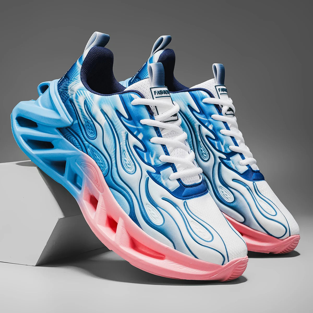 Women Flame Print Blade Chunky Sneakers Gradient Hollow Thick Sole/Breathable Mesh Lightweight Shock Absorb Lace Up Running Shoes