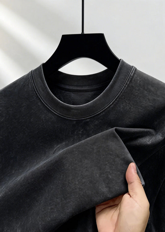 Men's 220g cotton washed T-shirt Retro heavyweight short sleeved/casual shirt solid color round neck short sleeved shirt