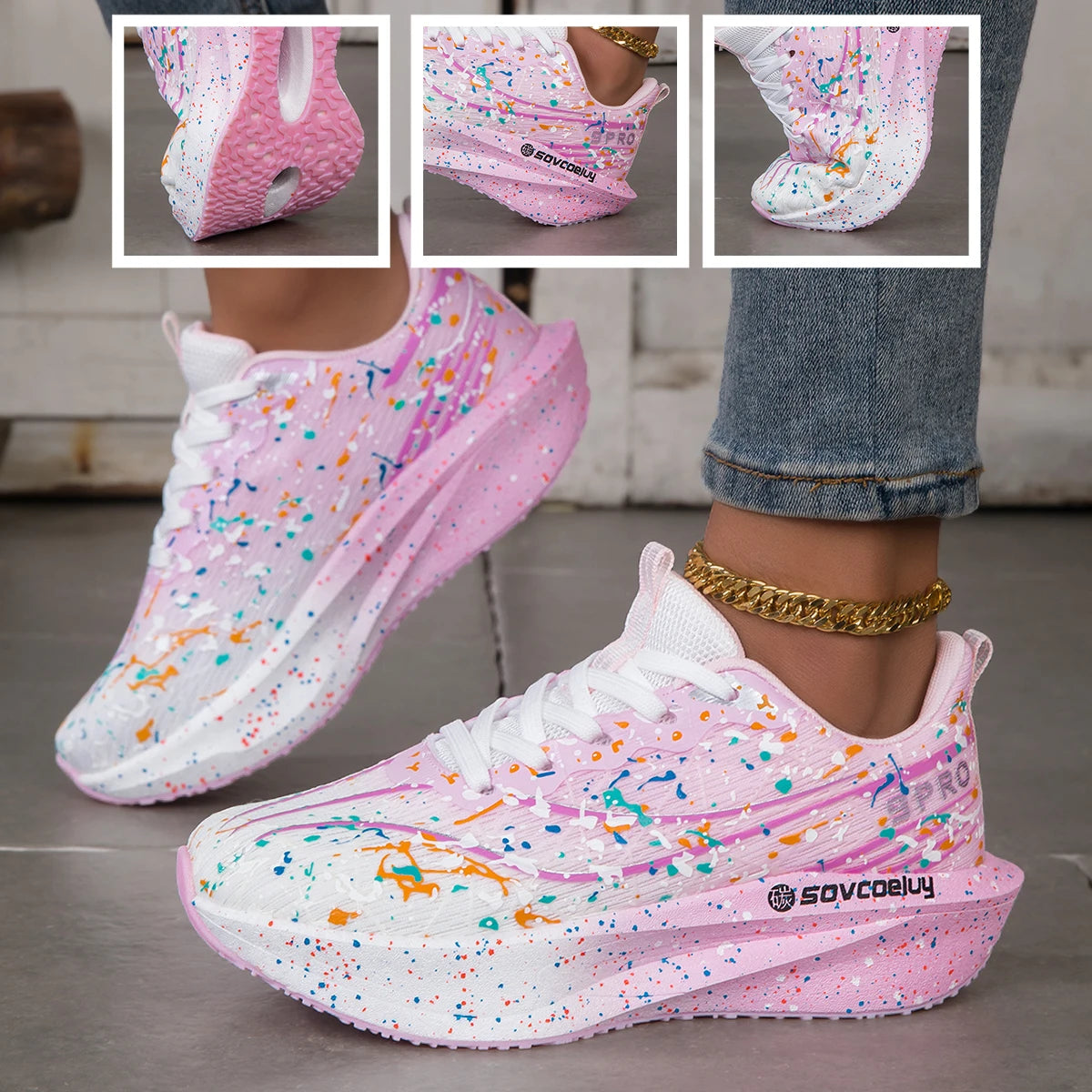 Women Splatter Paint Gradient Running Sneakers Breathable Flying Weave/Mesh Lightweight Shock Absorb Non Slip Fashion Athletic