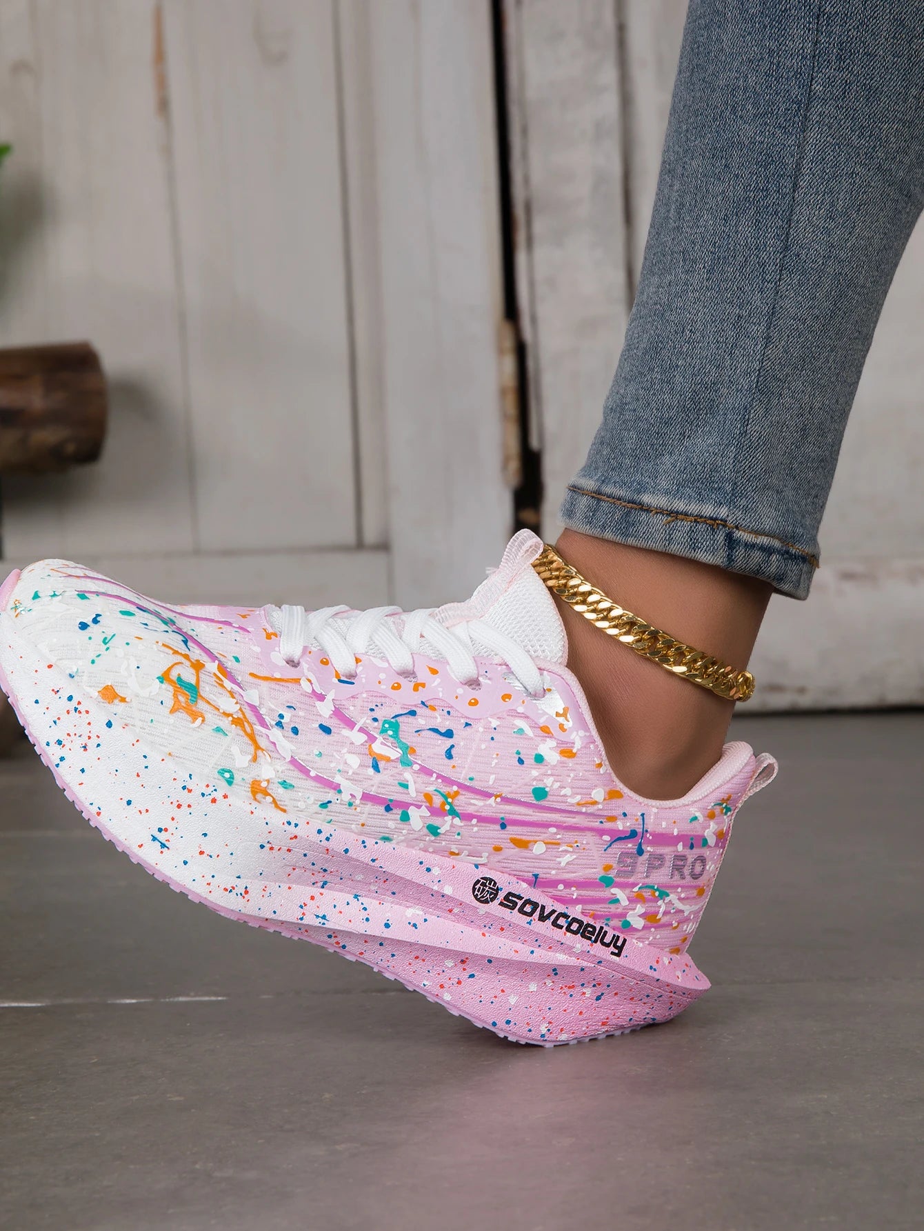 Women Splatter Paint Gradient Running Sneakers Breathable Flying Weave/Mesh Lightweight Shock Absorb Non Slip Fashion Athletic