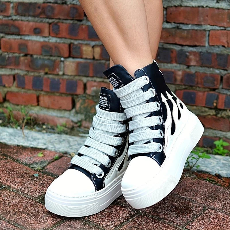 Women's High Top Flame Sports Shoes Wide Lace Up Casual Sneakers/For Woman Flat Platform Ladies Embroider Sneakers Girls Tennis
