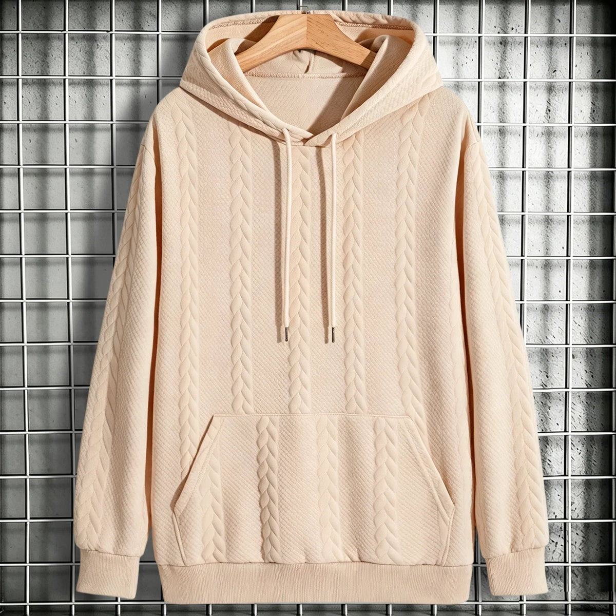 Men's Winter Warm Fleece Hoodie Cable Knit Textured Pullover/Hooded Sweatshirt Kangaroo Pocket for Gym Street Cold Weather Jacket