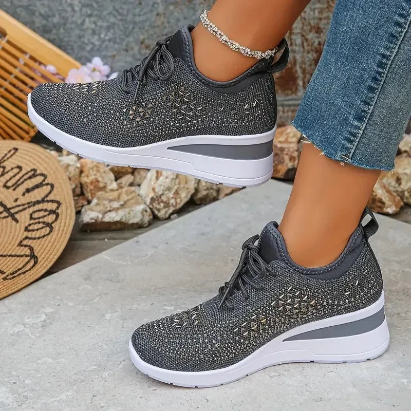 Women's Shiny Rhinestone Wedge Sneakers Breathable Non Slip/Walking Shoes Woman Plus Size Fashion Thick Sole White Sneakers