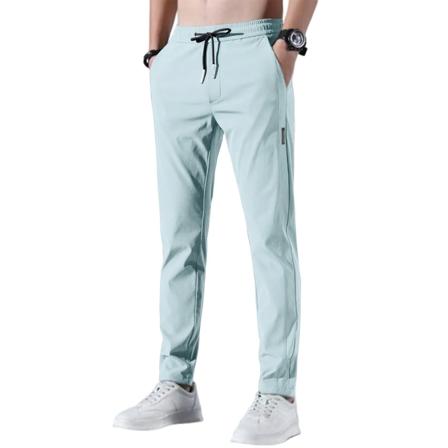 Men Fast Dry Stretch Pants Ice Silk Trousers Solid Color Mid-Waist/Loose Breathable Straight-Leg Casual Pants Thin Sports Pants