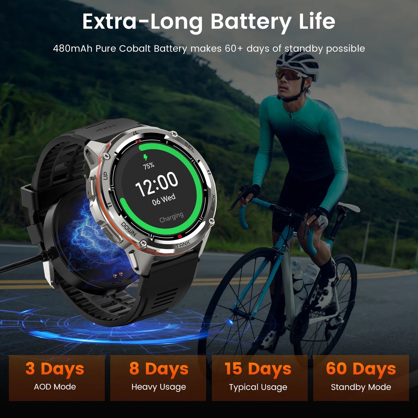 KOSPET TANK T3 Ultra GPS Smart Watch For Men Altimeter Compass/Barometric 470mAh 60 Days Battery Bluetooth Call IP69K Waterproof