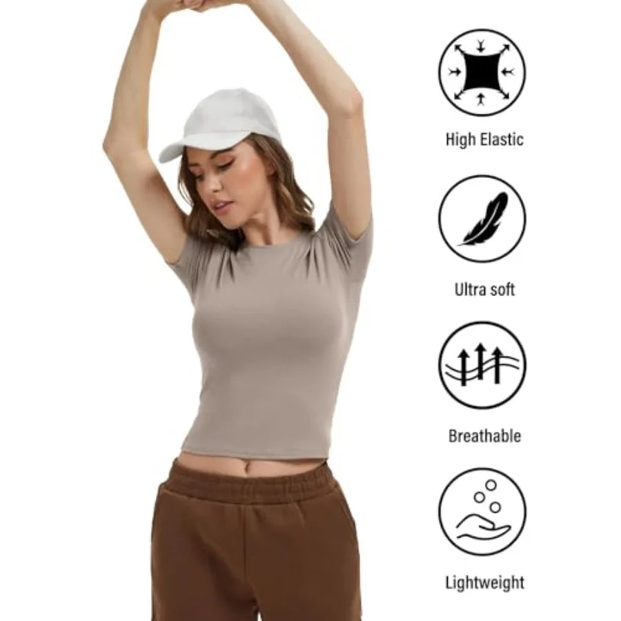 Dalavch 4 Pack Women's Workout Shirts Compression Short Sleeve/Crew Neck Running Yoga Gym Athletic Fitted Crop T-Shirts Top