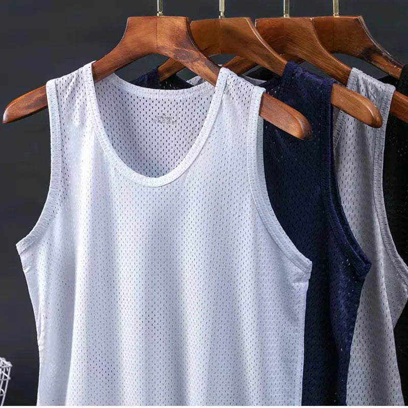Men's Ice Silk Mesh Tank Tops Gym Stringer Transparent Bodybuilding/Sleeveless Shirt Fitness Vest Male mesh Muscle Shirt