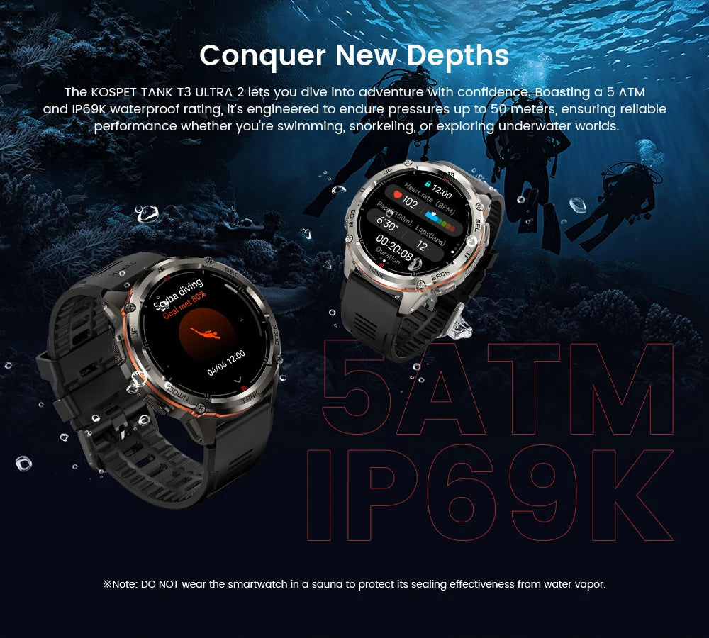 KOSPET TANK T3 Ultra 2 GPS Smart Watch for Men Bluetooth Call/5ATM IP69K Waterproof Men's Watch Stainless Steel Health Monitor