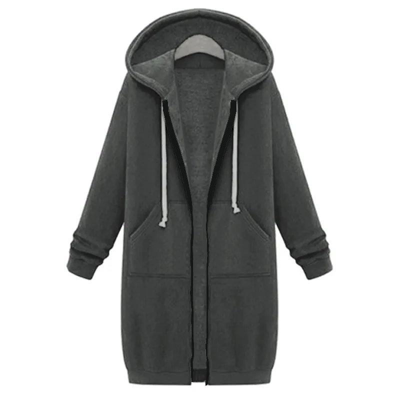 Autumn and Winter Women's Clothing American Hooded/Long-sleeved Medium and Long Sweater Fleece Jacket