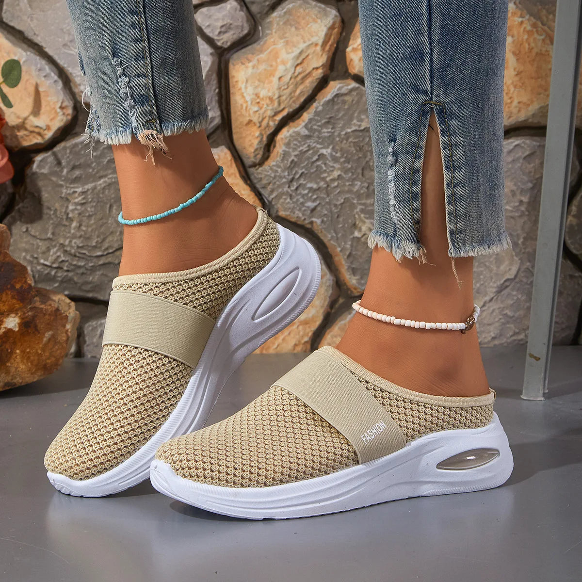Women's Closed Toe Slip On Sneakers, Breathable Knit Mesh/Comfort Shoes Air Cushion Platform Walking Shoes for Daily Use