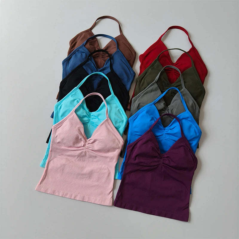 Longline Strappy Seamless Yoga Tank Top Backless/Gym Vest with Built-in Bra Sleeveless Workout Top