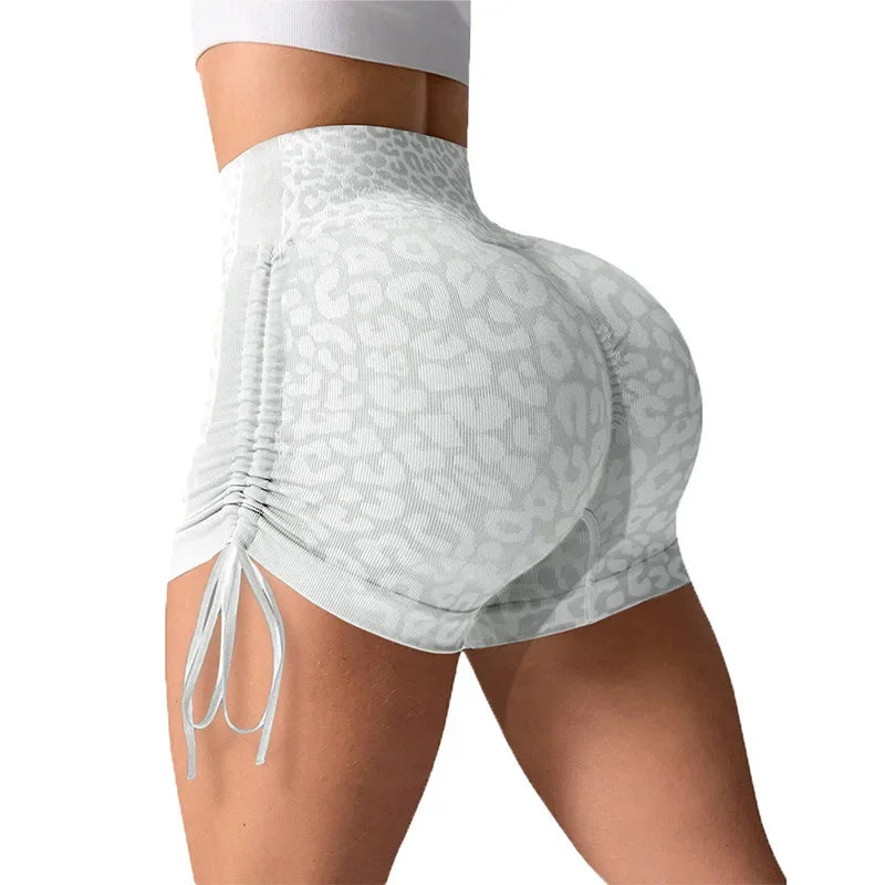 Women High Waist Yoga Shorts Side Drawstring Sexy Leopard Print/Sports Shorts Gym Athletic Running Leggings Workout Shorts