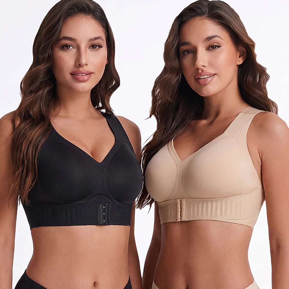 Women Wireless Posture Bra, Front Closure Cross Back Design/Wide Strap Full Coverage Back Support Comfort Daily Underwear