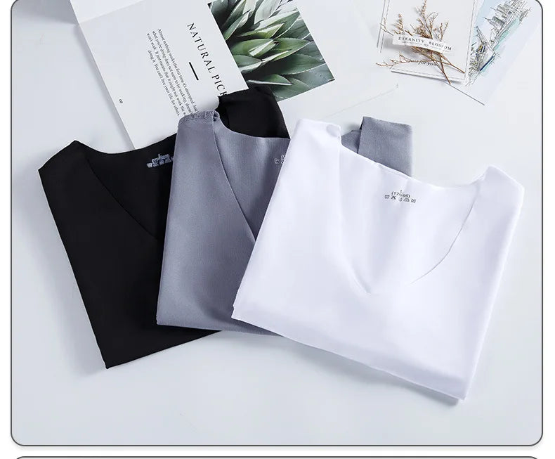 Ice Silk Men T-shirts Summer Seamless Sport Underwear Casual V-neck/Thin T-shirts Quick Dry Shirt Tops Bottoming Shirt for Men