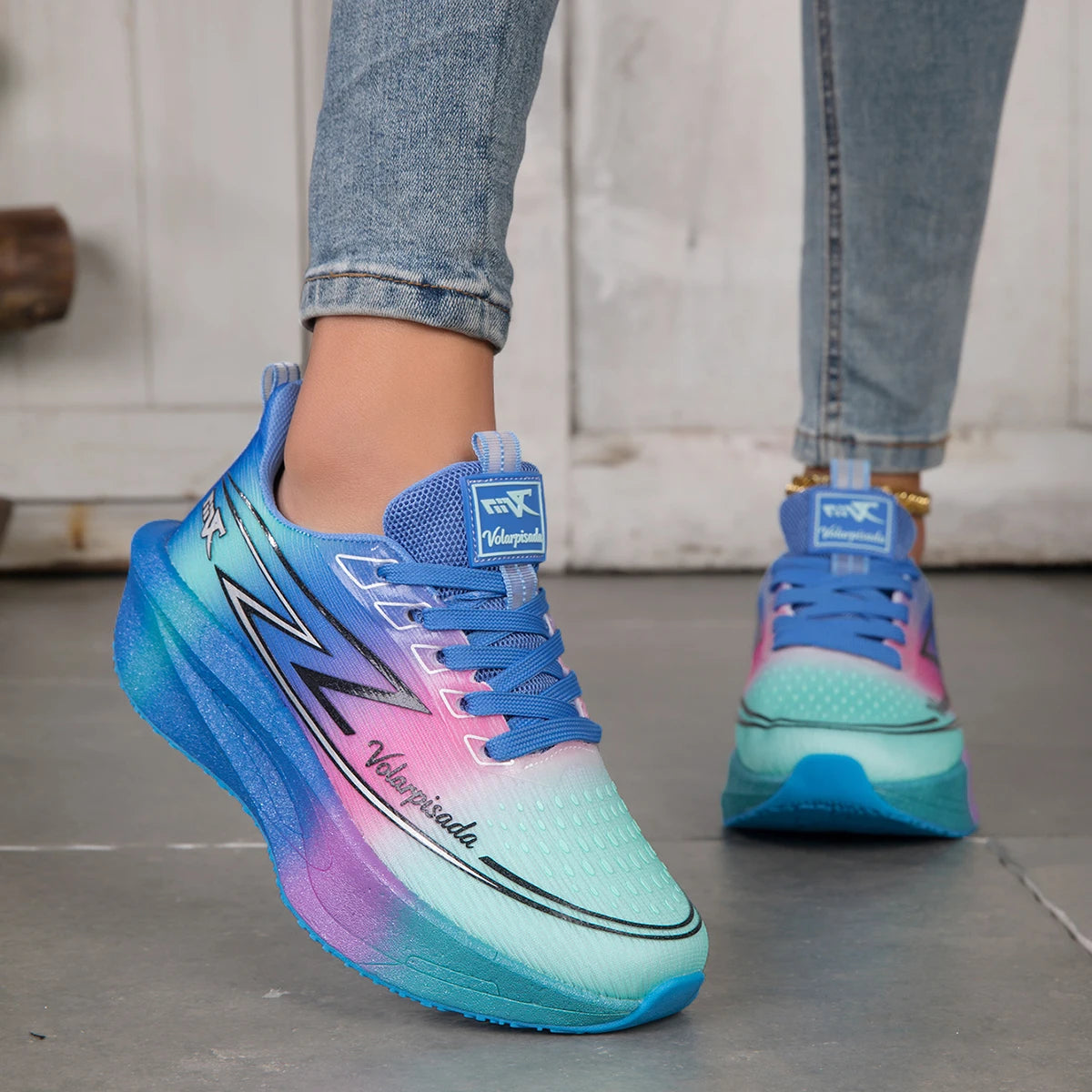 Women Gradient Lightning Print Running Sneakers Breathable/Flying Weave Mesh Light Cushion Non Slip Shock Absorb Athletic Shoes